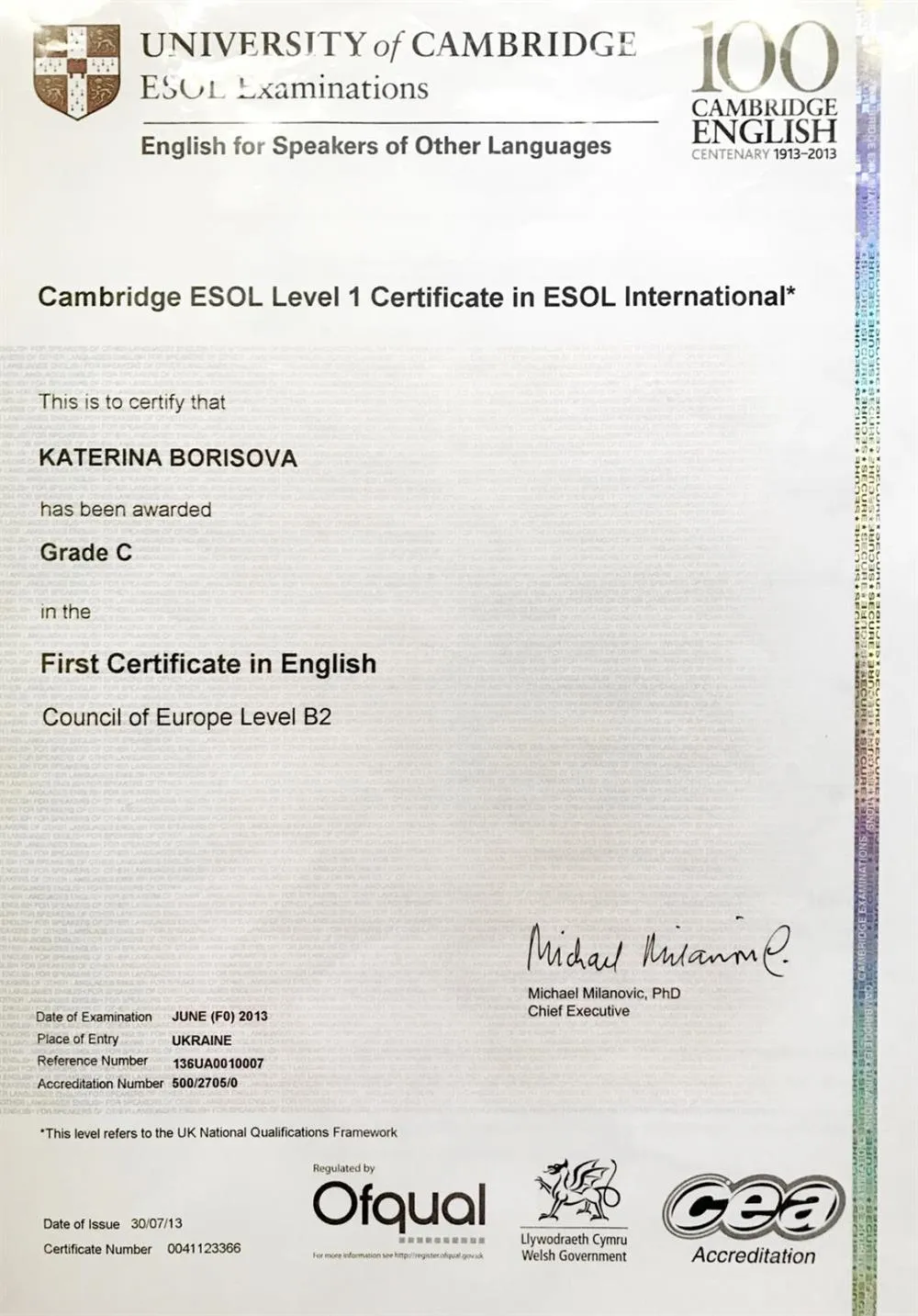 FCE Cambridge Certificate in ESOL International 