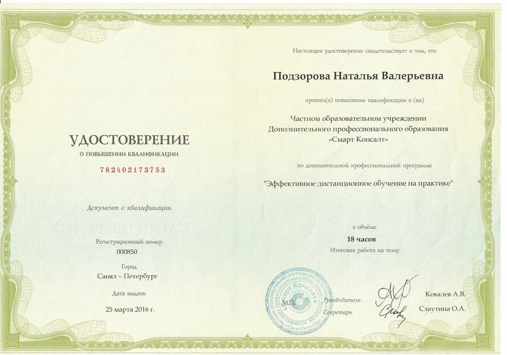Удостоверение о повышении квалификации