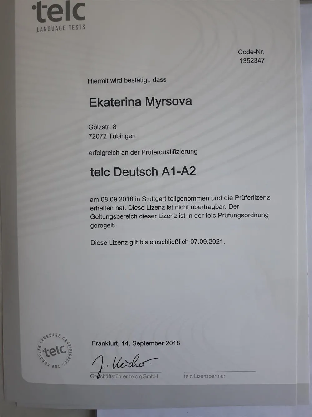 Сертификат экзаменатора telc A1-A2