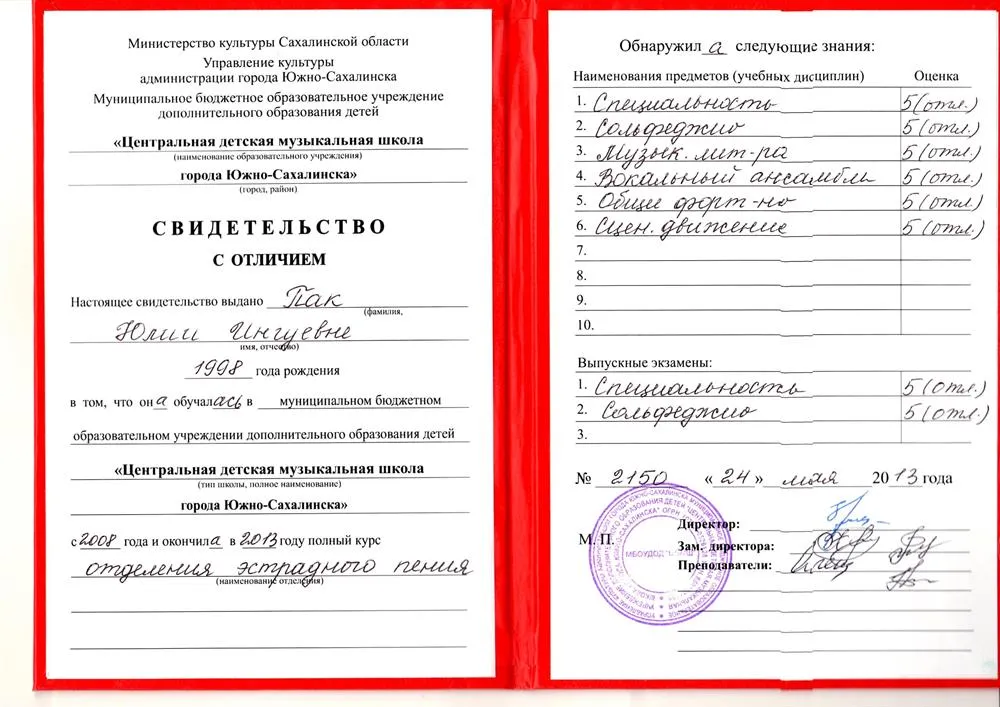 Диплом об окончании муз. школы