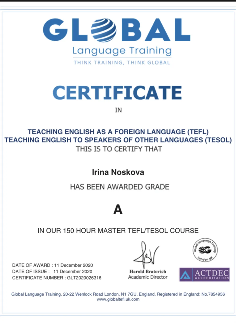 TEFL/TESOL Master Course 150 hours, Grade A