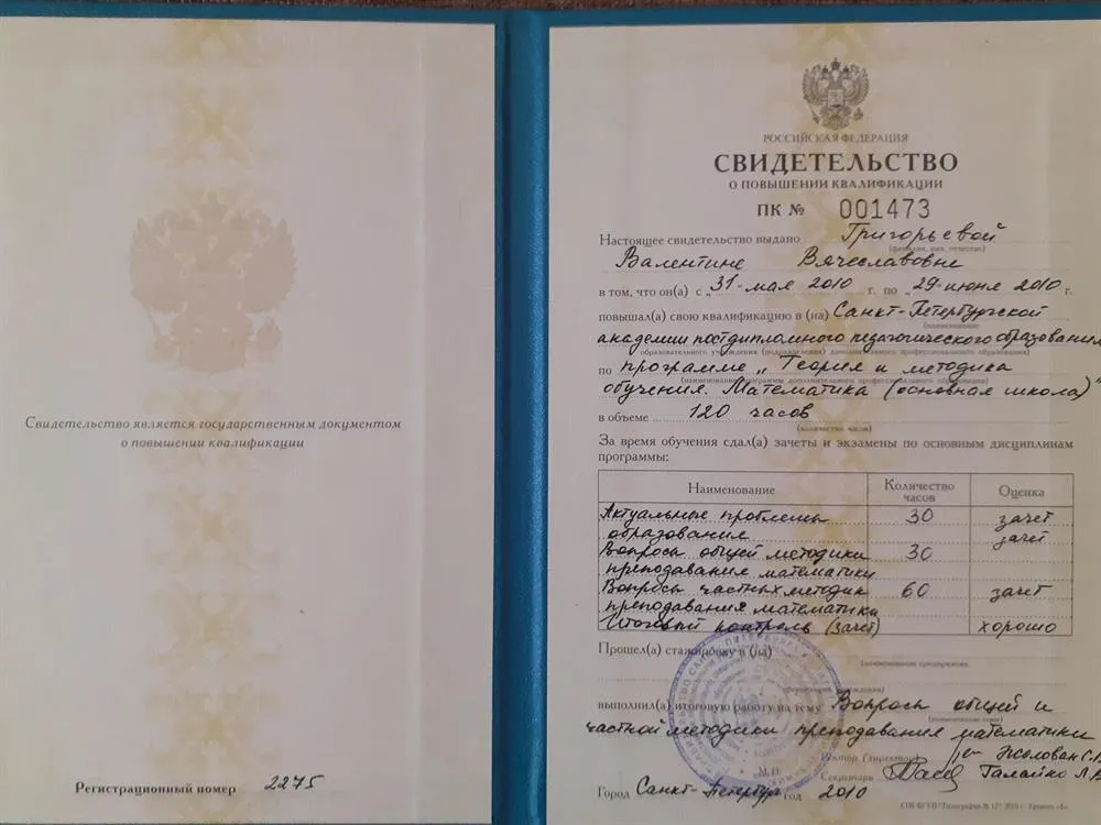 Свидетельство о повышении квалификации. Теория и методика обучения математики (основная школа)