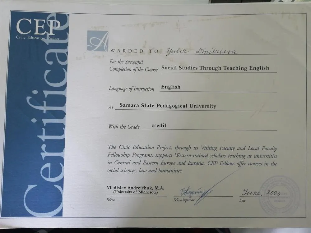 Certificate Social Studies through teaching English 