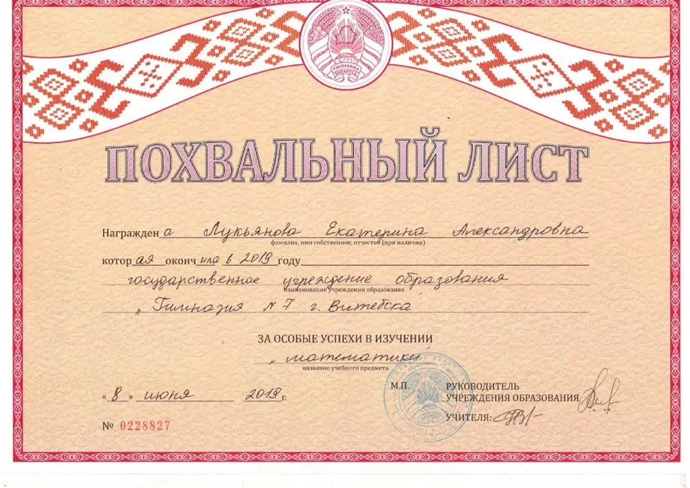 Выпускной похвальный лист за особые успехи в изучении математики