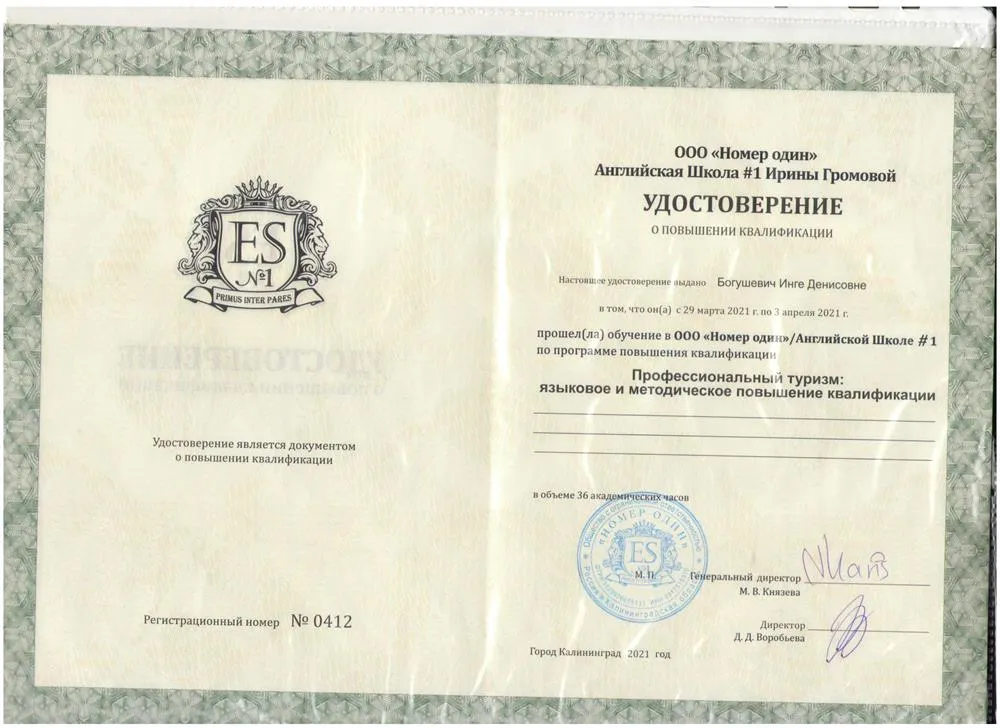 Удостоверение о повышении квалификации "Профессиональный туризм: языковое и методическое повышение квалификации"
