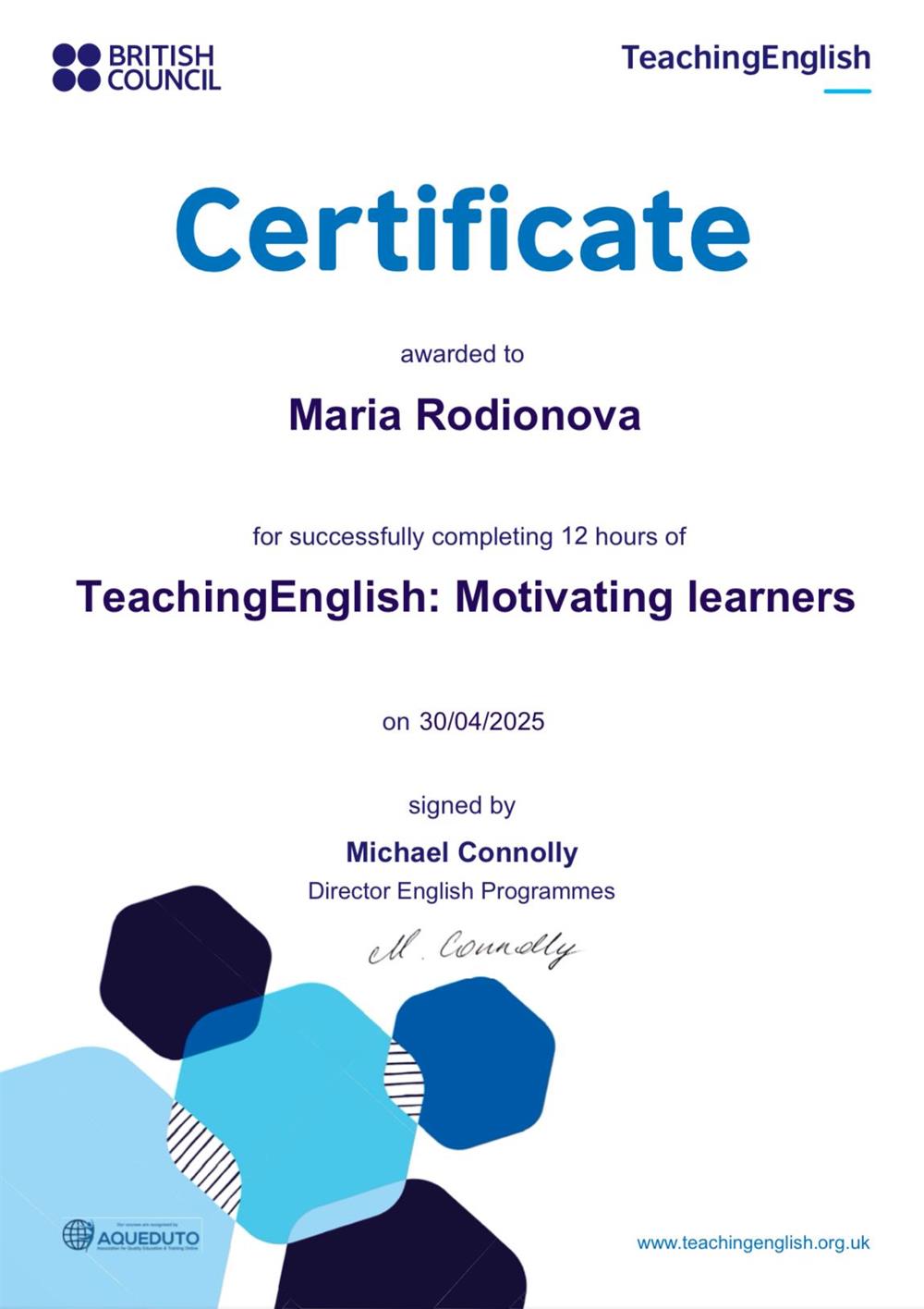 Сертификат. TeachingEnglish: Motivating learners. British council 