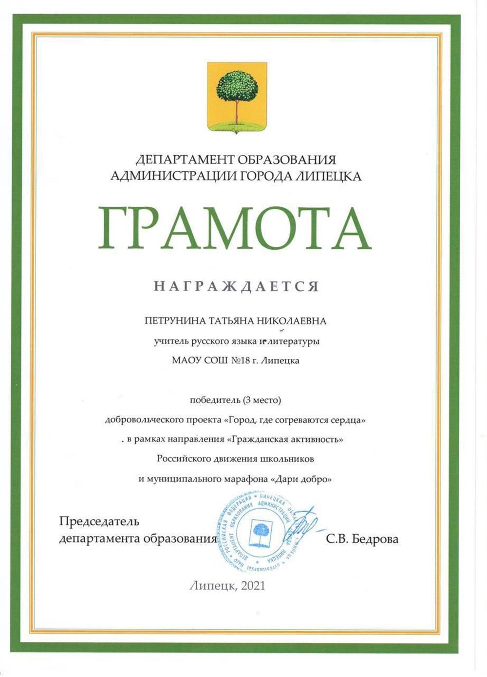 Грамота. Призер добровольческого проекта "Город, где согреваются сердца".