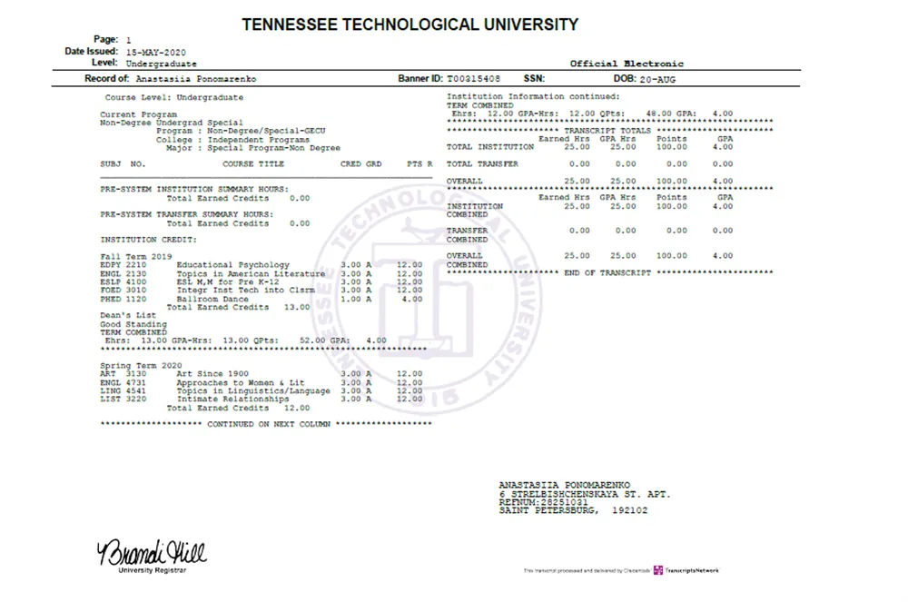 Official Transcript from Tennessee Technological University