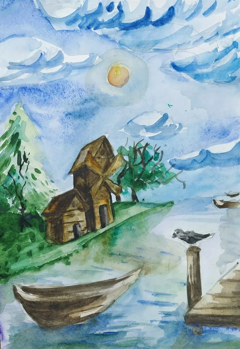 Работа ученика. Пейзаж с мельницами. Станковая композиция. Формат:А3, акварель. Возраст ученика: 11 лет