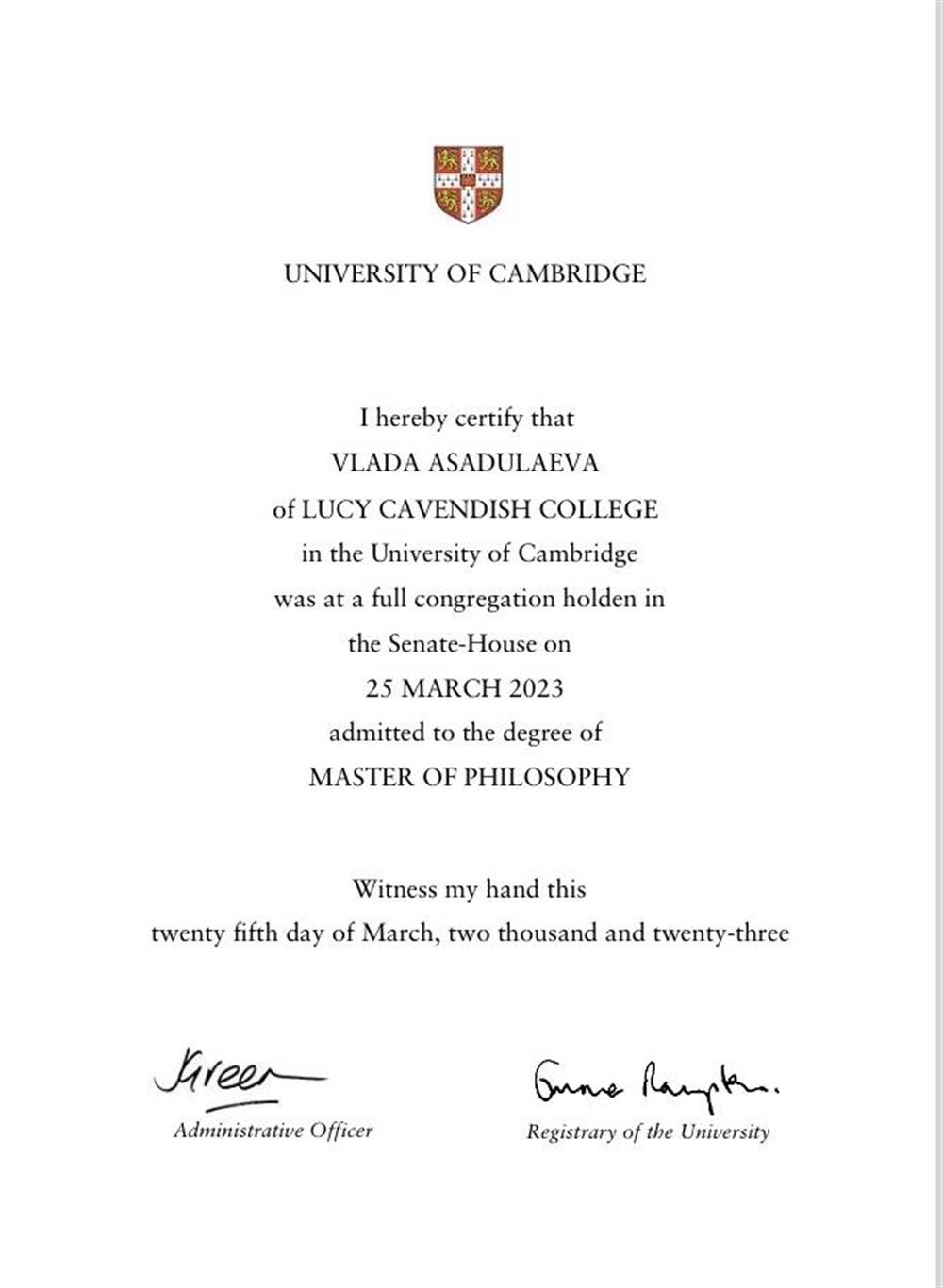 MPhil in Political Thought and Intellectual History, University of Cambridge