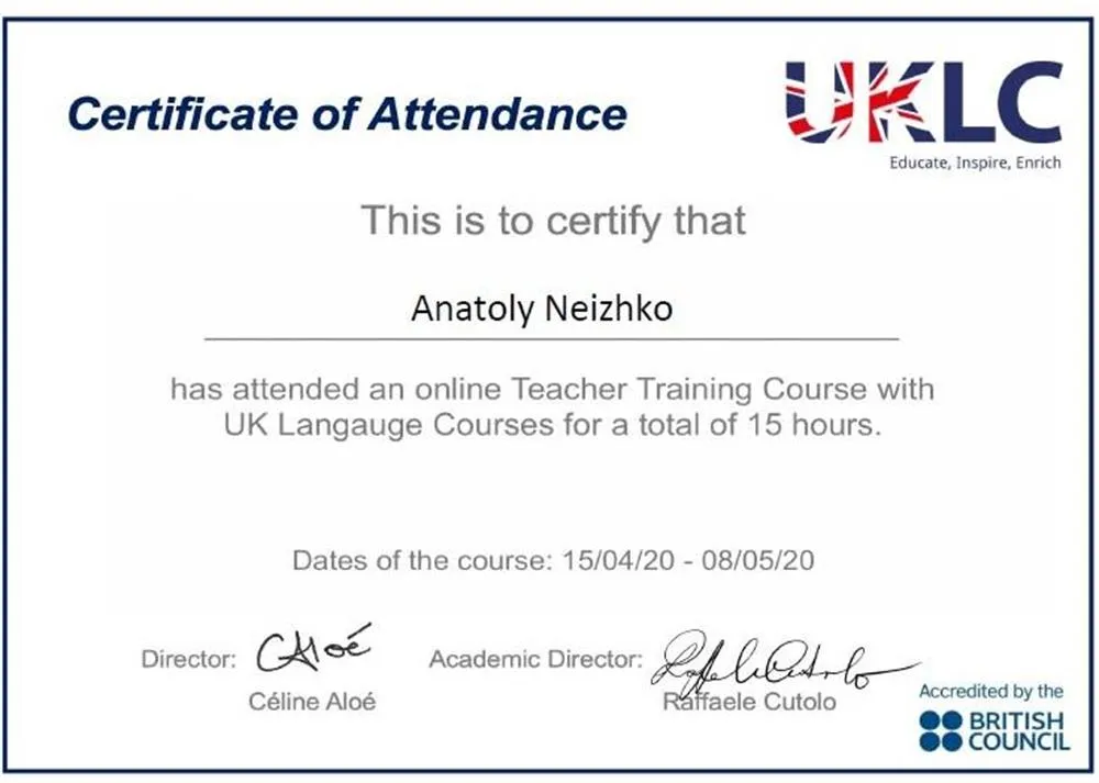 Teacher Trainig Certificate 2020