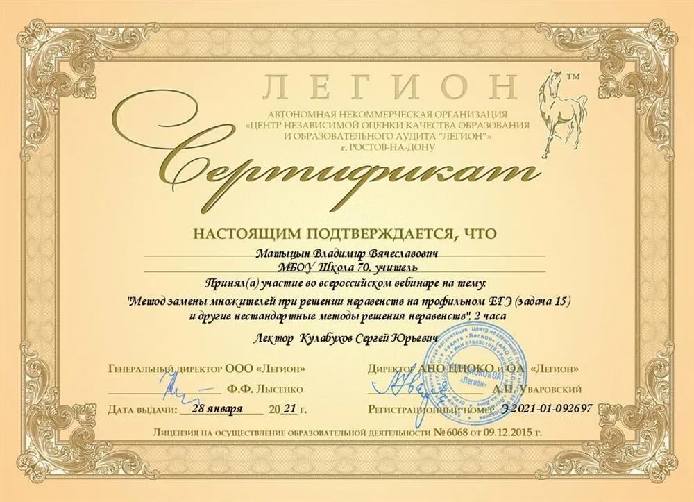 Сертификат. Методы замены множителей при решении неравенств на профильном ЕГЭ (задача 15)