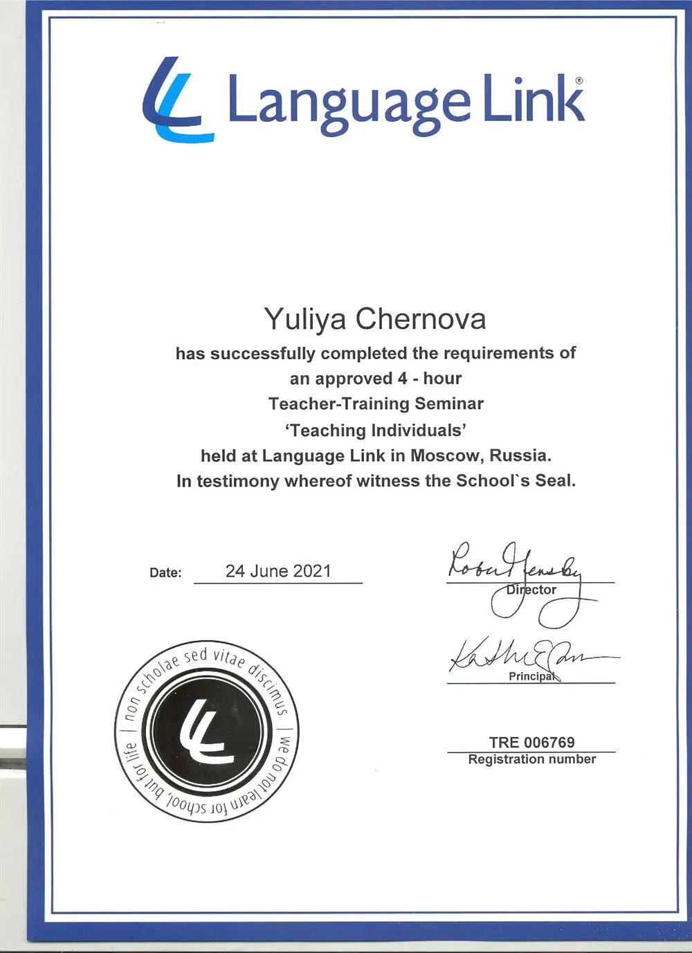 Сертификат Language link Teacher-Training Seminar " Teaching individuals"