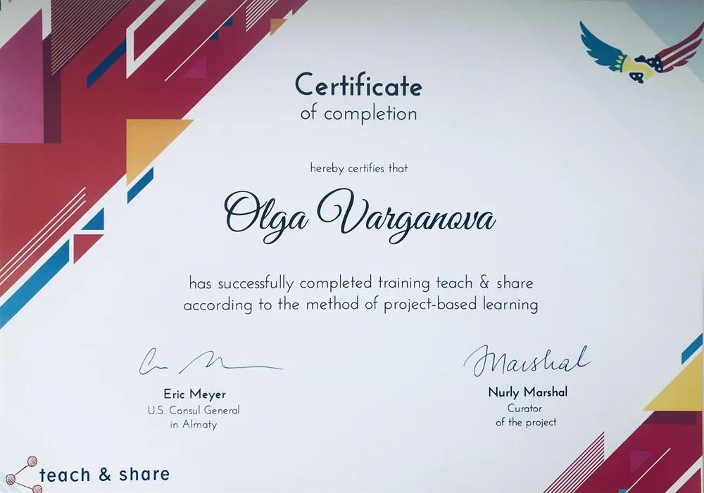 Certificate of completion the training “ Method of project based learning “