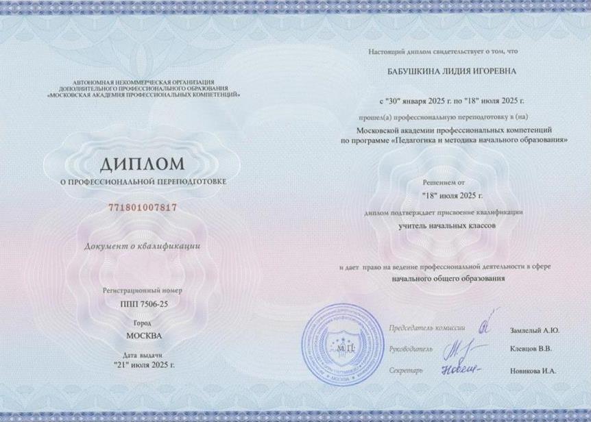 Диплом о профессиональной переподготовке Учителя начальных классов 