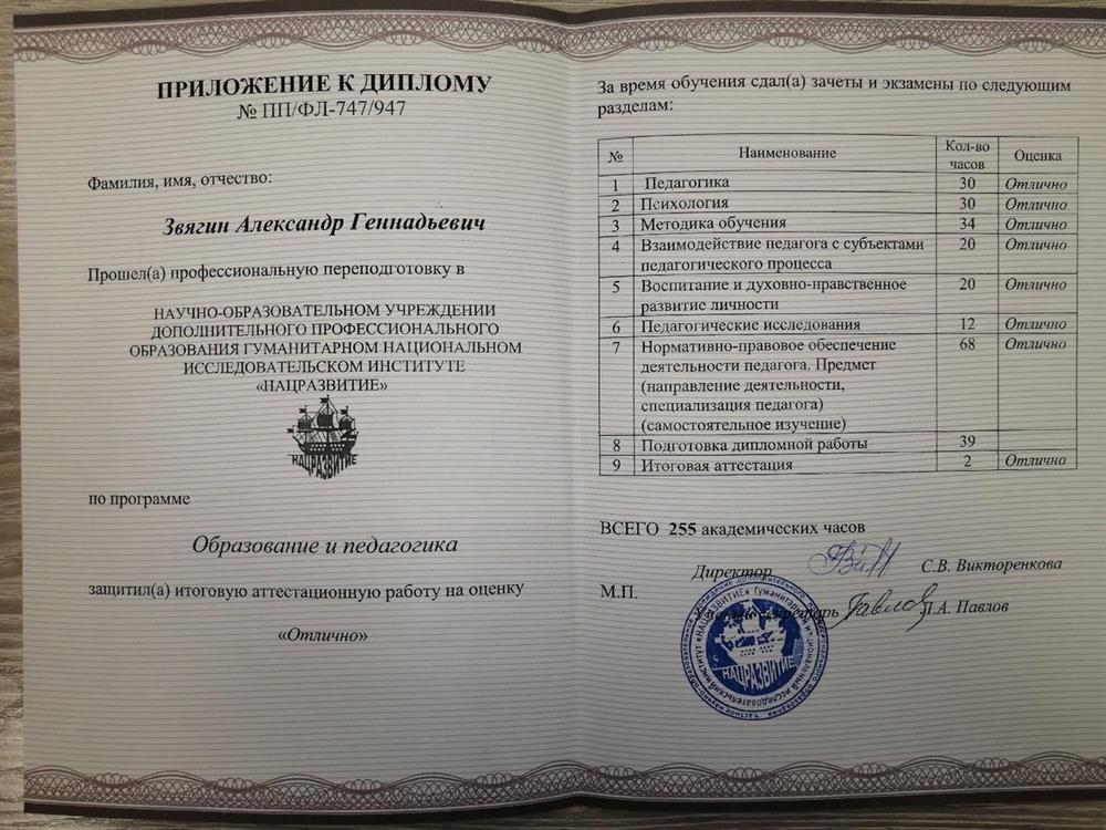 Диплом о профессиональной переподготовке - учитель обществознания