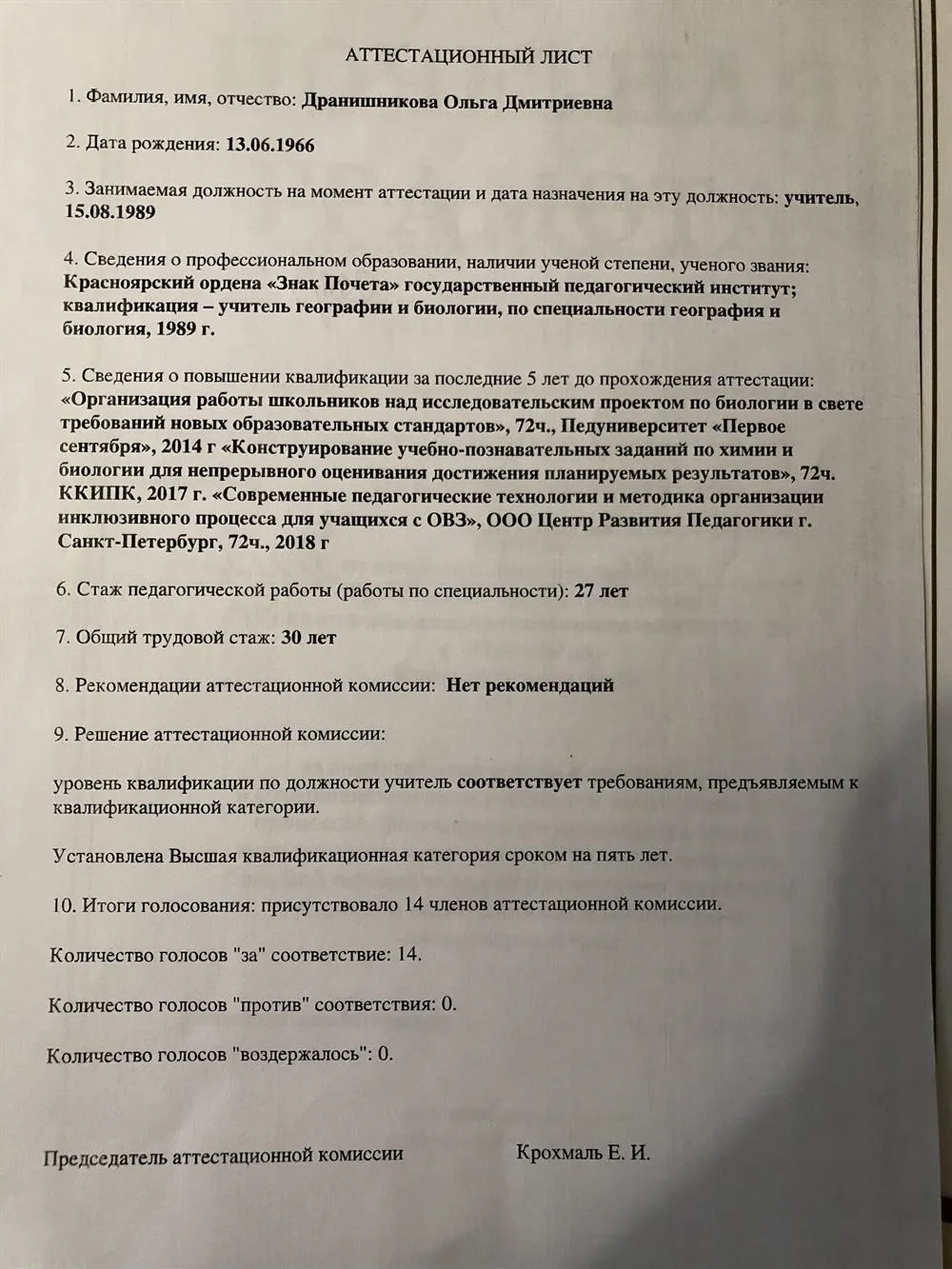 Аттестационный лист