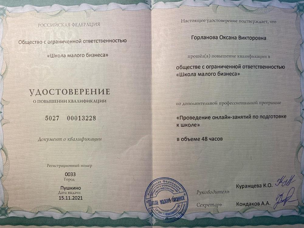 Удостоверение о повышении квалификации "Проведение онлайн-занятий по подготовке к школе"