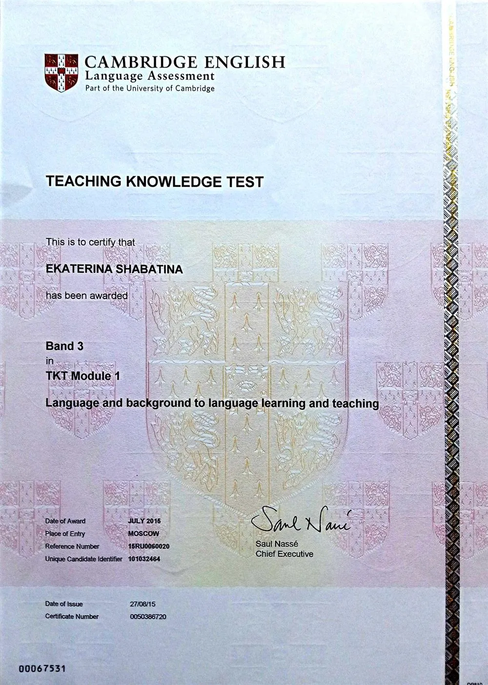 Кембриджский сертификат Teaching Knowledge Test Module 1, подтверждающий знание системы языка, основы теории овладения языком и теории преподавания