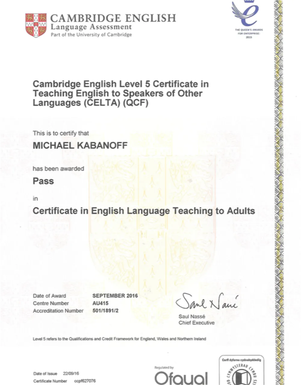 Cambridge English Level 5 Certificate in Teaching English (CELTA)