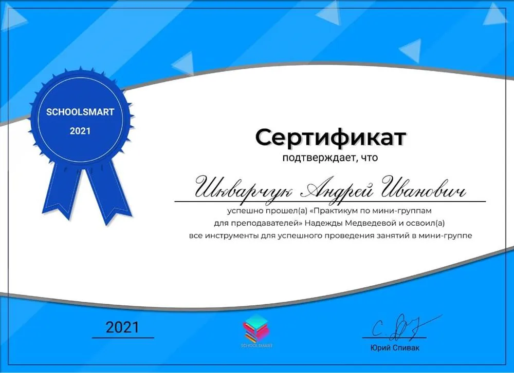 Сертификат о прохождении курса "Практикум по мини-группам для преподавателей" от Надежды Павловны Медведевой (топ 10 репетиторов по математике и физике на repetit.ru)