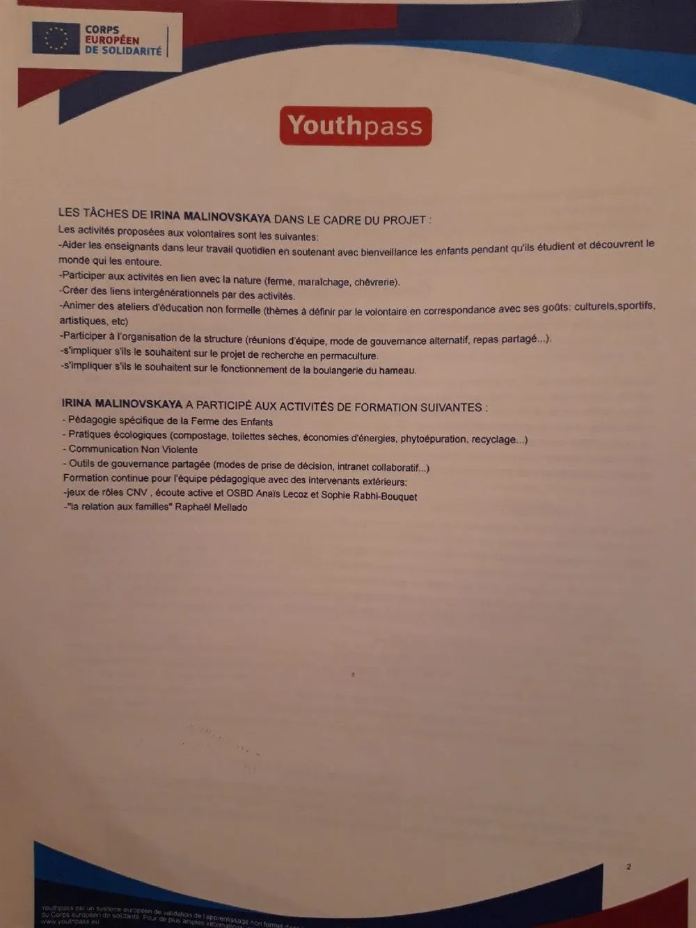 Подтверждение работы в школе "La ferme des enfants" (2)