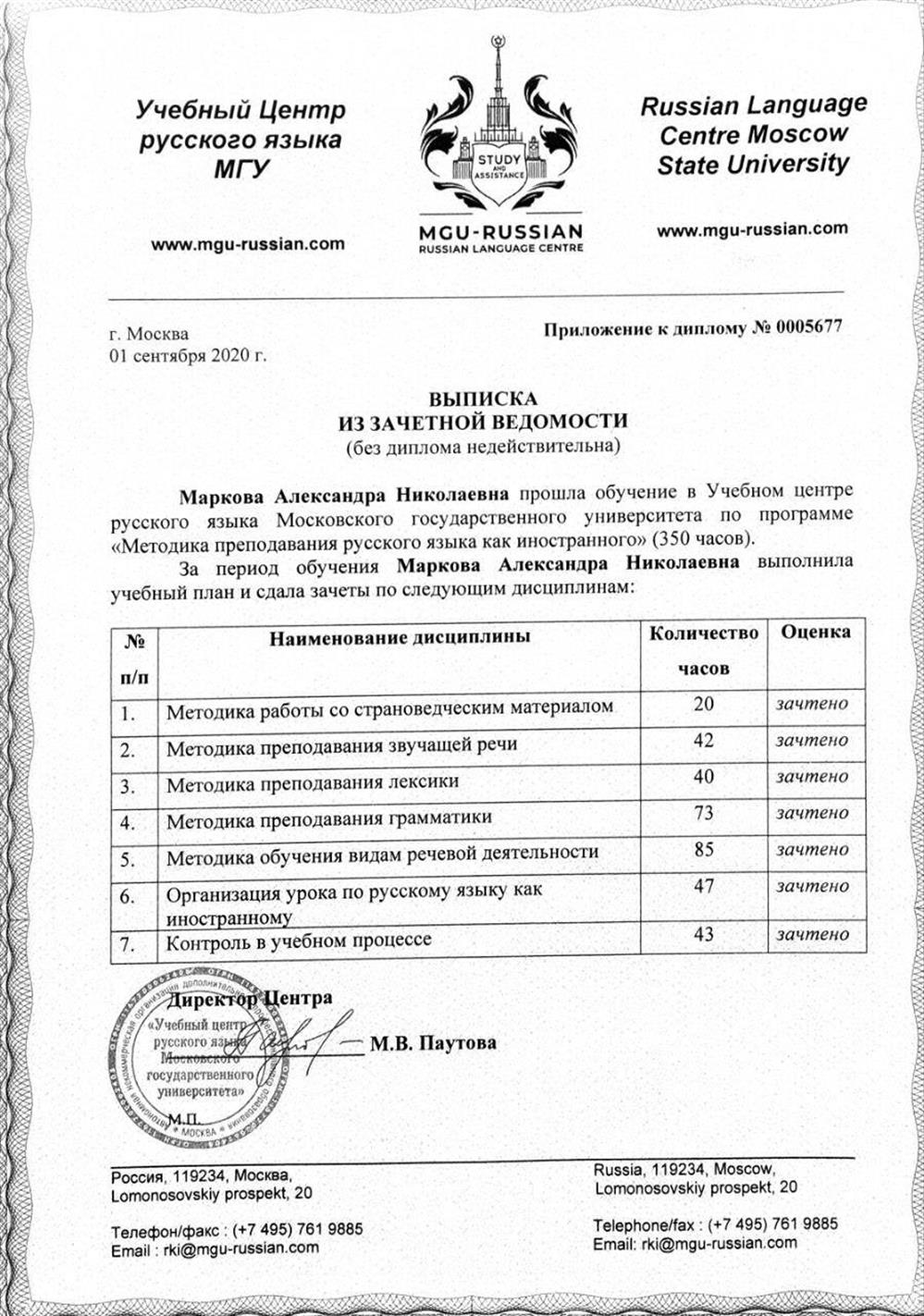 Приложение к диплому о проф.переподготовке (методика преподавания РКИ)