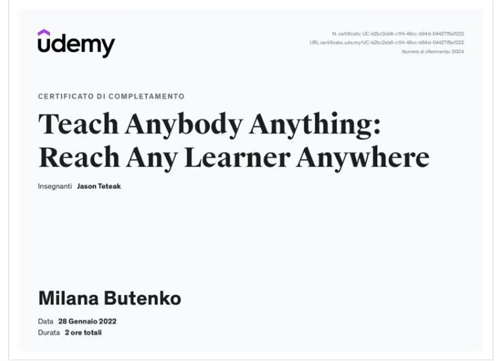 Сертификат Udemy - Как учить кого угодно чему угодно