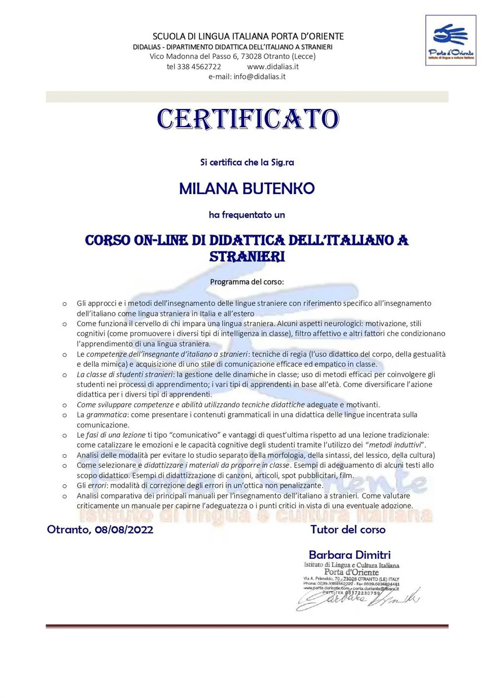 Istituto di Lingua e Cultura Italiana Porta d'Oriente, Dipartimento Didattica dell'italiano a stranieri