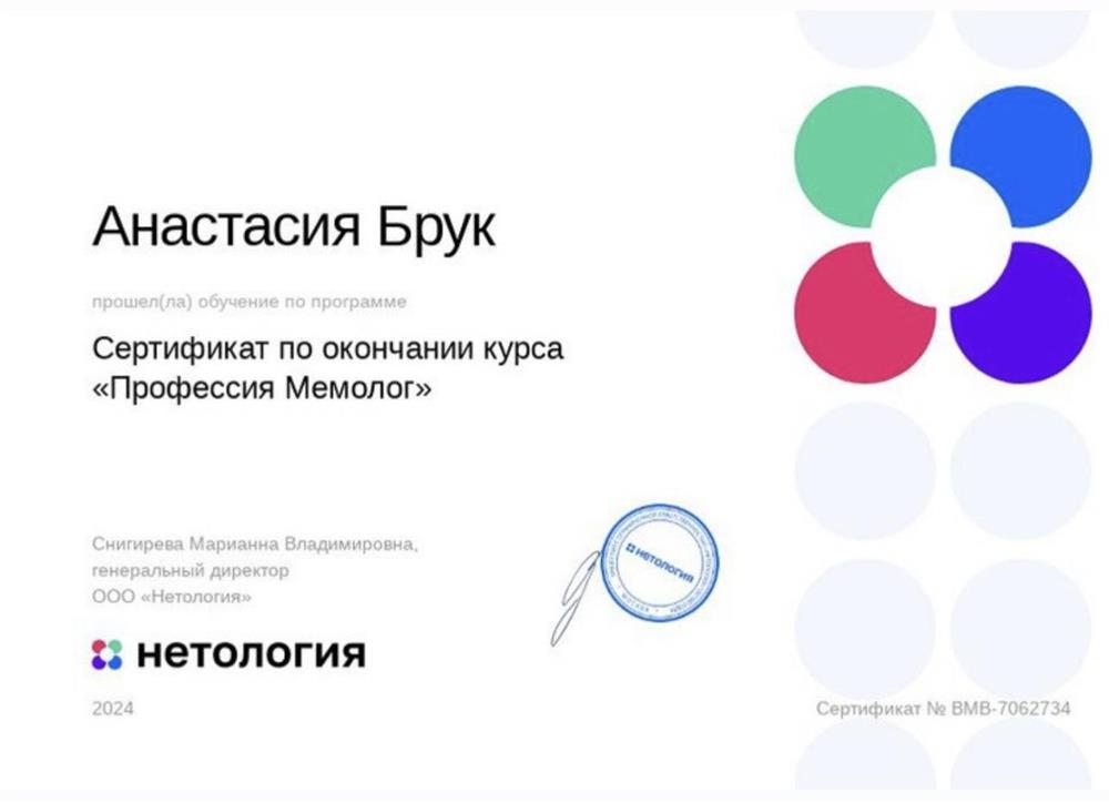 Сертификат. Курс "Профессия Мемолог", повышение квалификации 