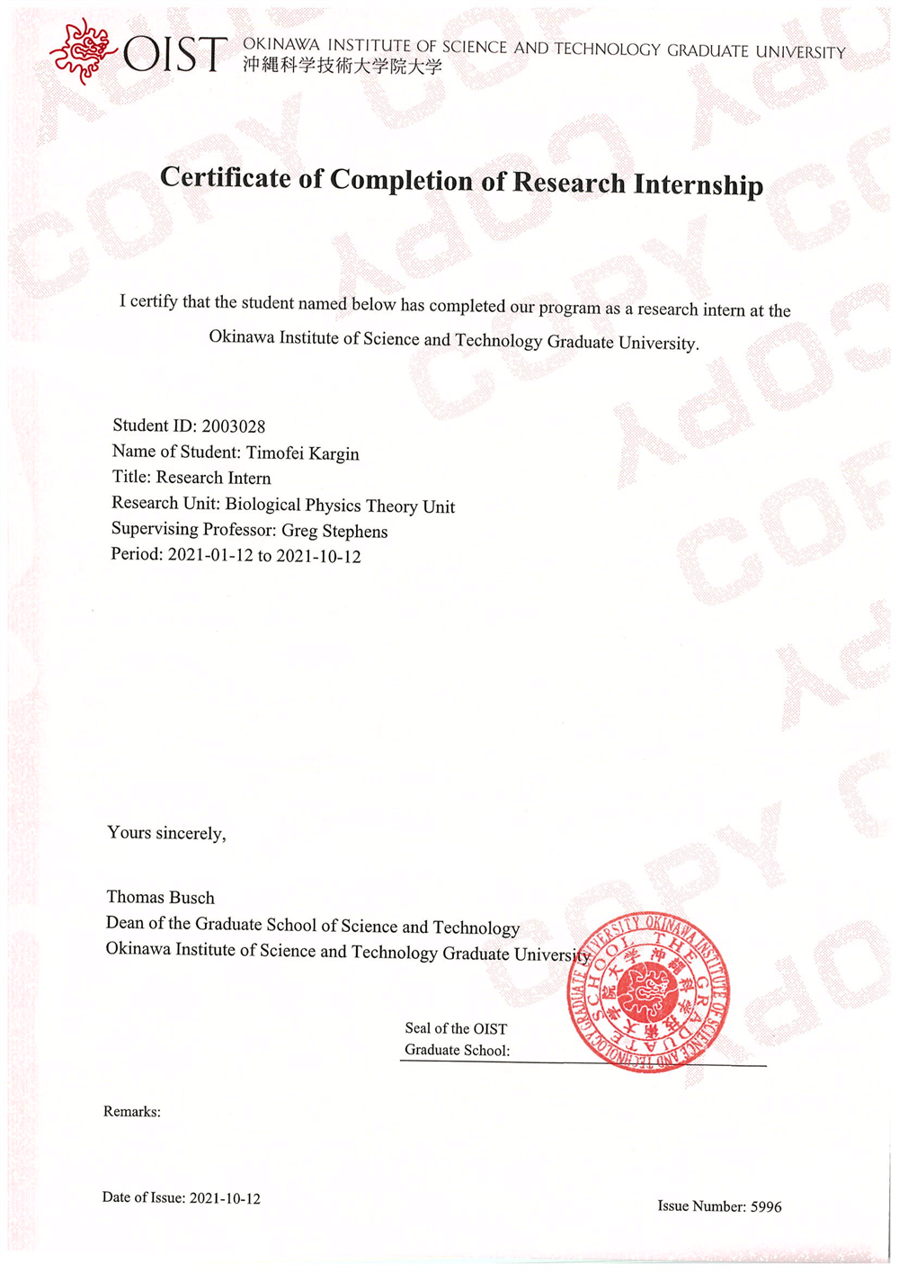 Сертификат об окончании интернатуры в японском институте