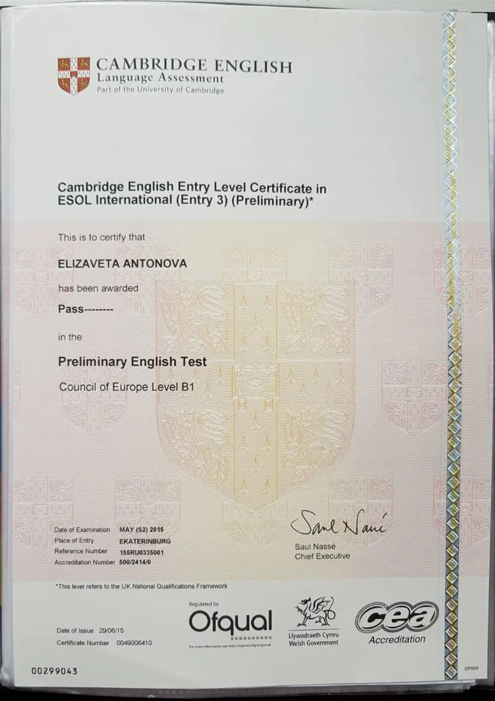 Cambridge Certificate B1, 2015 г. (PET)