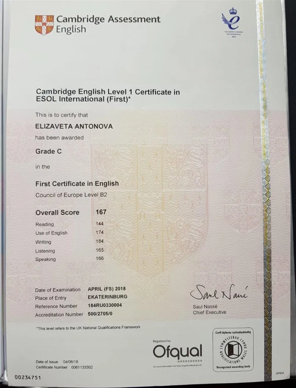 Cambridge Certificate, B2 (FCE), 2018
