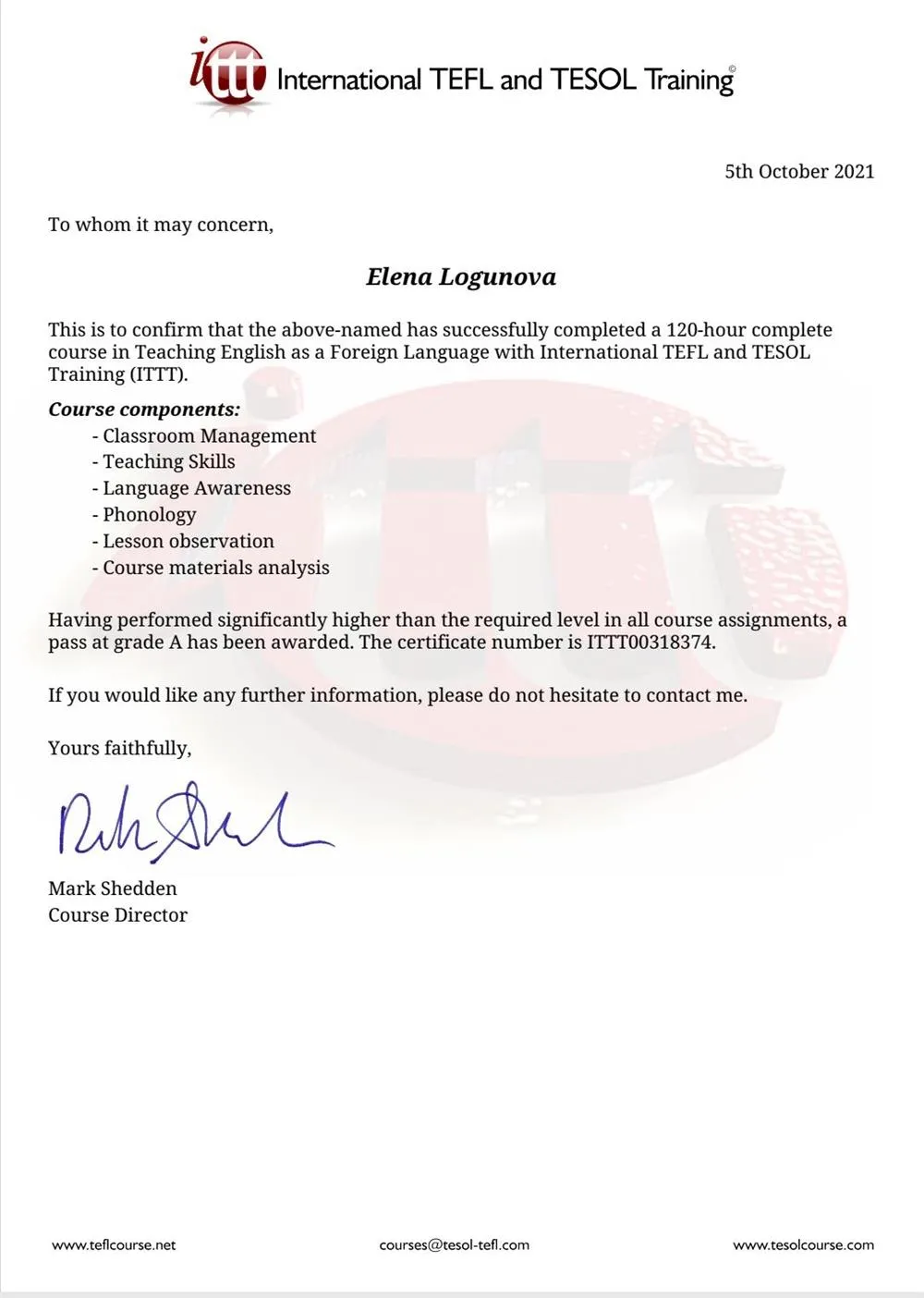 TEFL certificate letter of confirmation