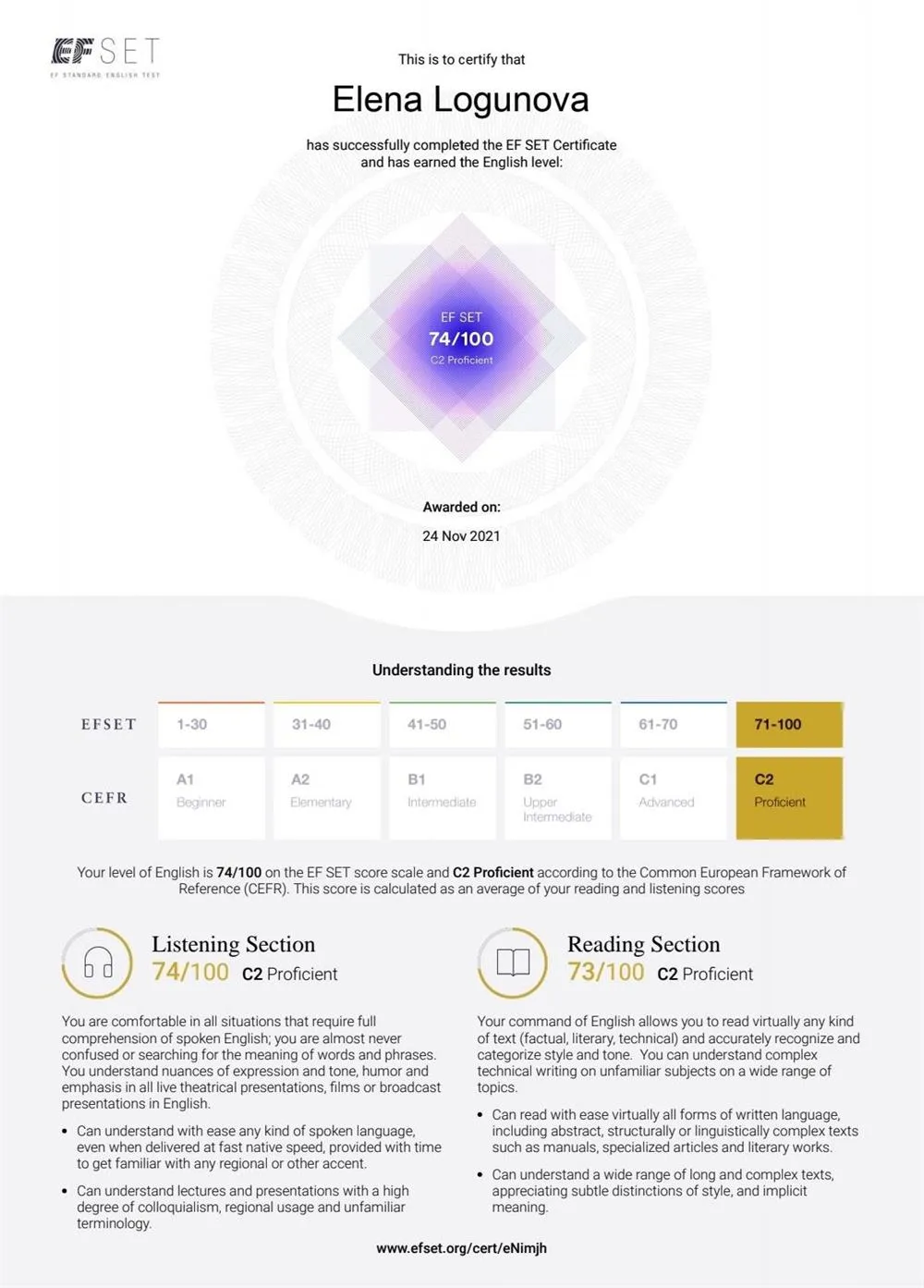 C2 Proficient level confirmation