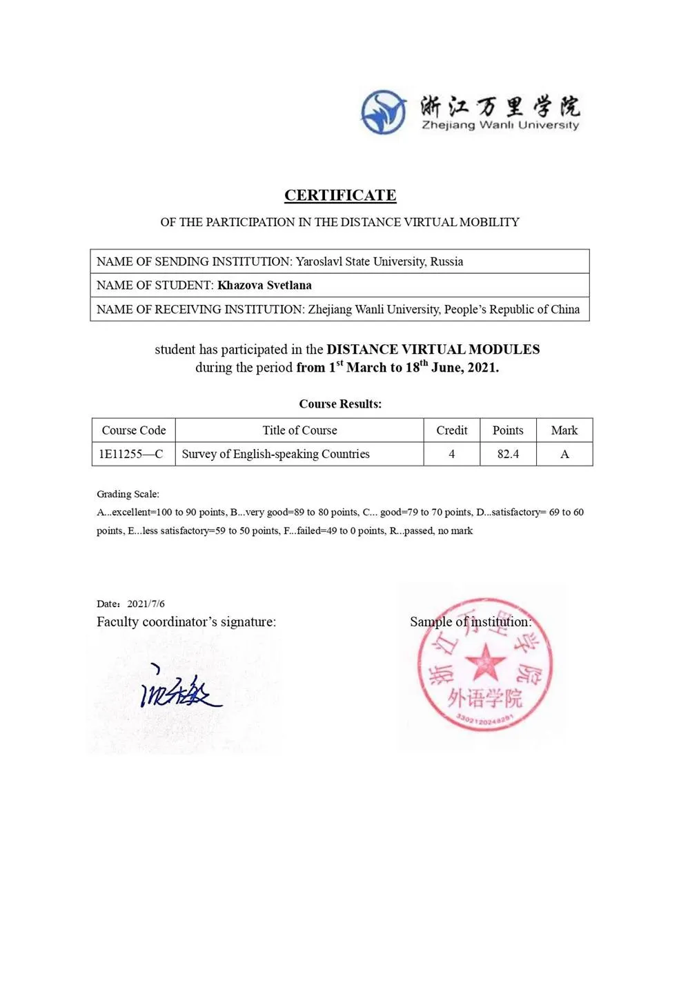 Сертификат китайского университета