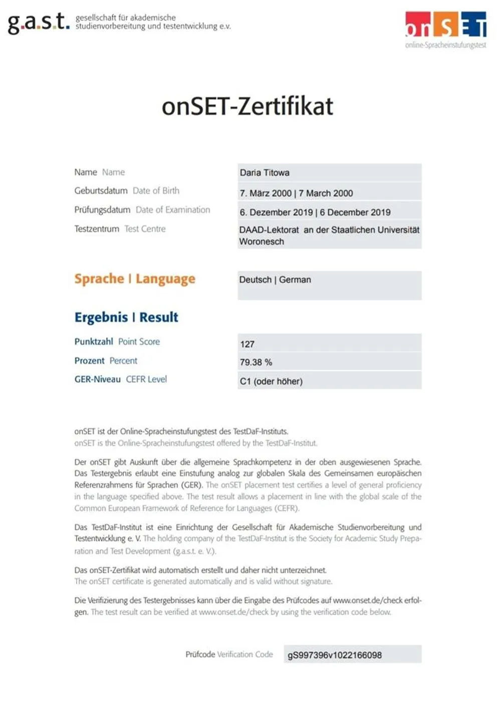 onSET Zertifikat 