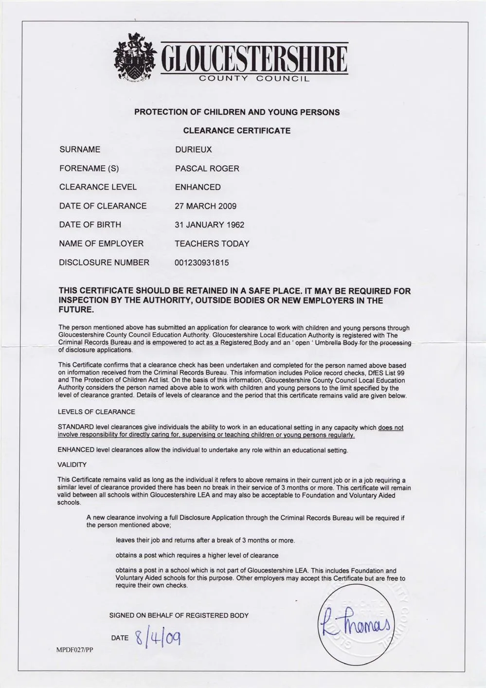 clearance to work with children