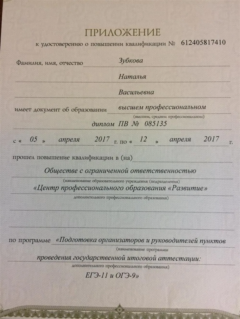 Приложение к удостоверению о курсах повышения квалификации