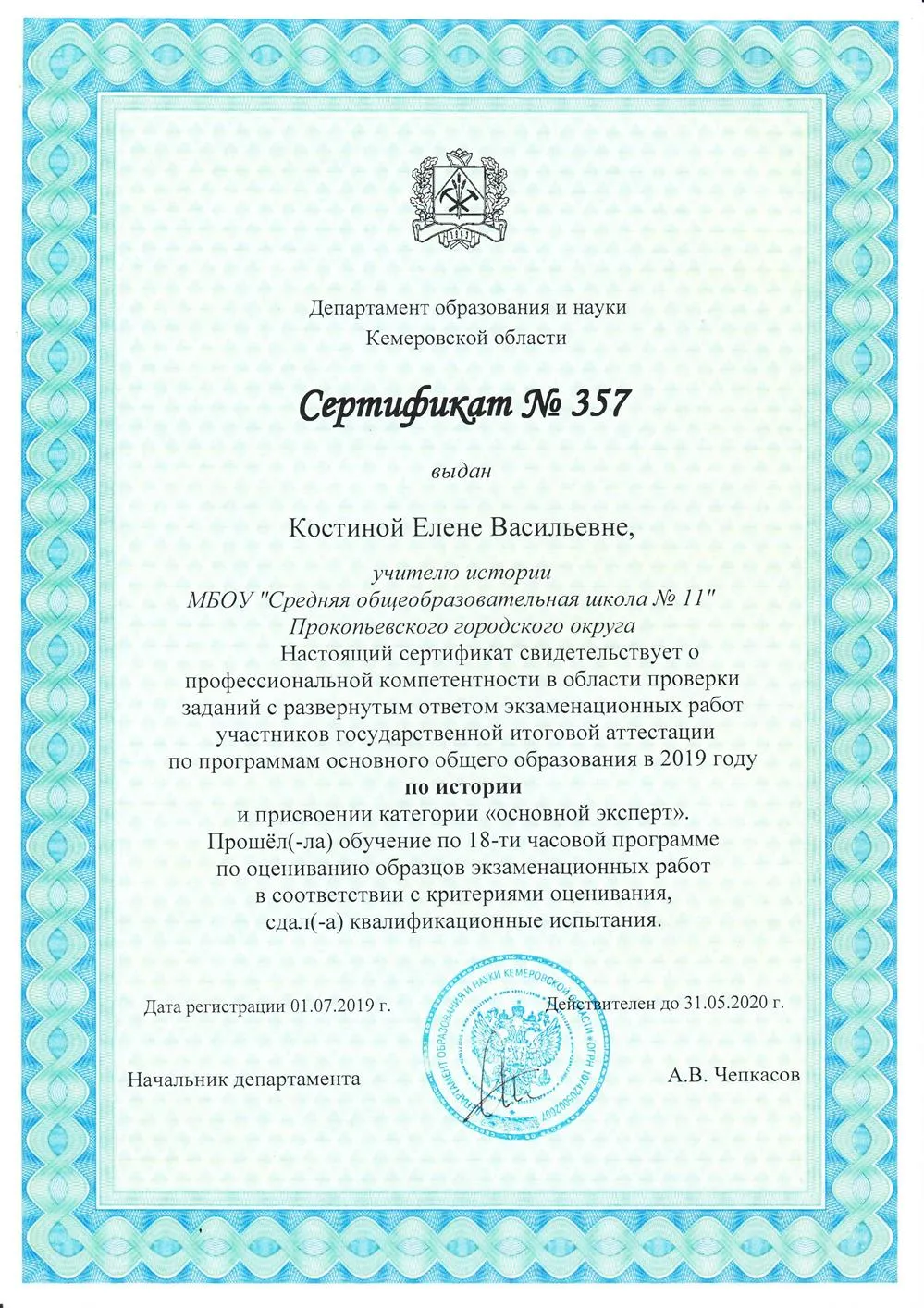 Сертификат основного эксперта ОГЭ по истории 2019 г.