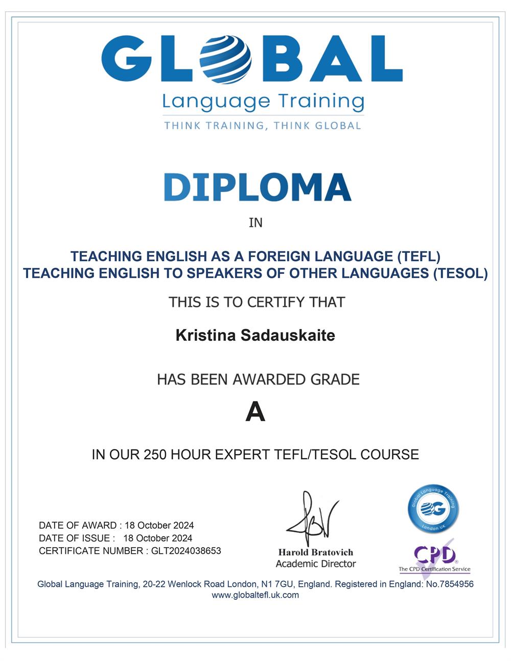 Диплом. Global Language Training, Teaching English as a Foreign Language (TEFL), Teaching English to Speakers of Other Languages (TESOL)