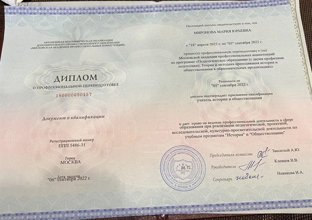 Диплом о профессиональной переподготовке 