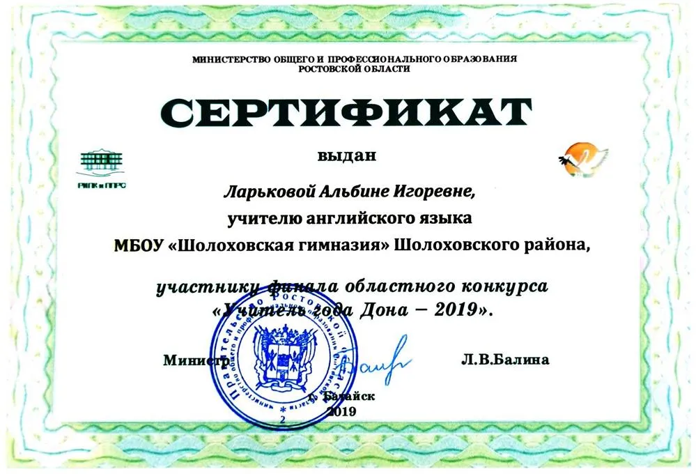 Сертификат участника финала областного конкурса "Учитель года Дона - 2019"