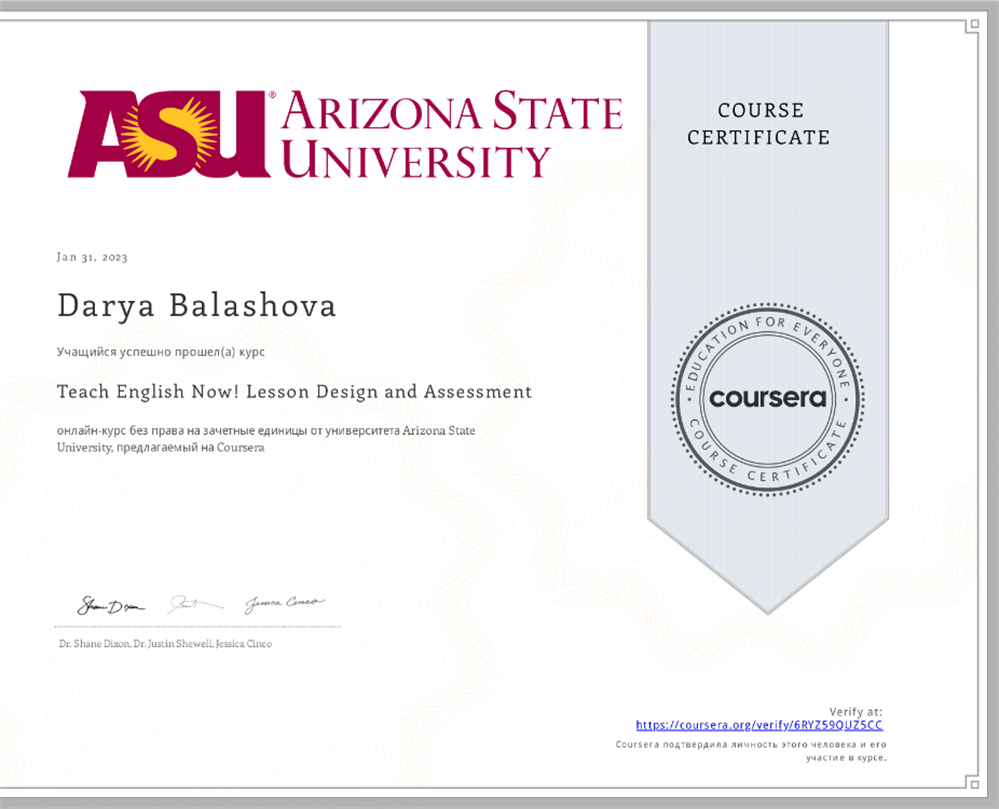 TESOL COURSE CERTIFICATE  (lesson design and assessment) 