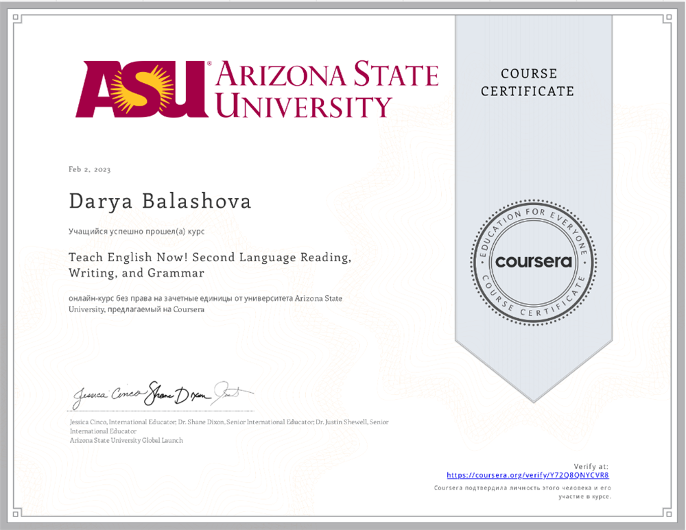 TESOL COURSE CERTIFICATE (second language: reading, writing and grammar)