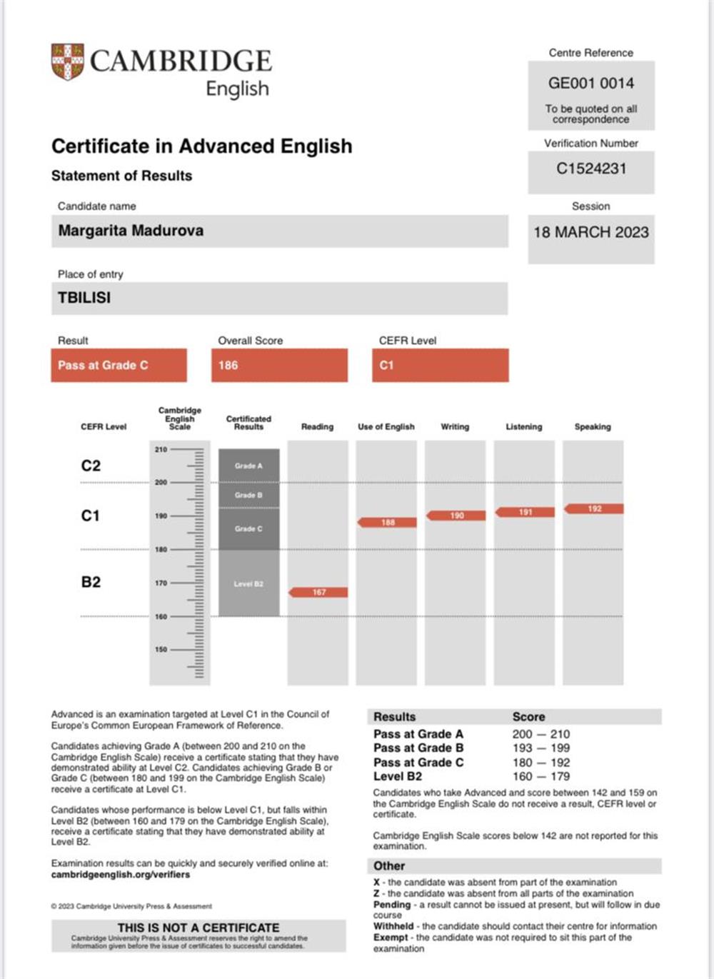 Сertificate Cambridge exam 