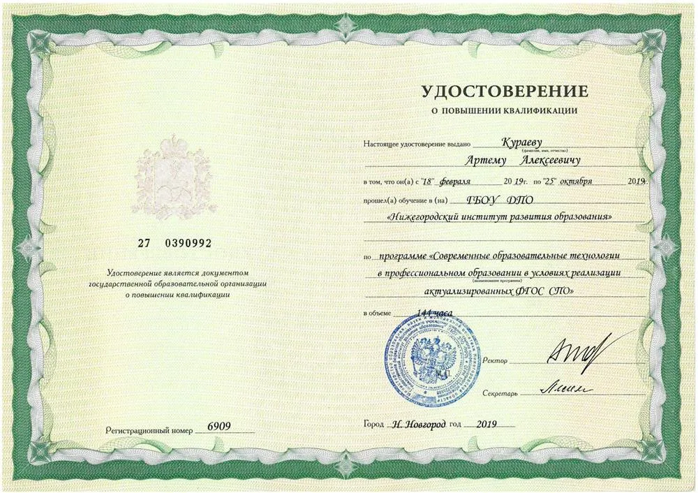 Нижегородский институт развития образования, повышение квалификации по программе «Современные образовательные технологии в профессиональном образовании в условиях реализации актуализированных ФГОС СПО», 2019 г.