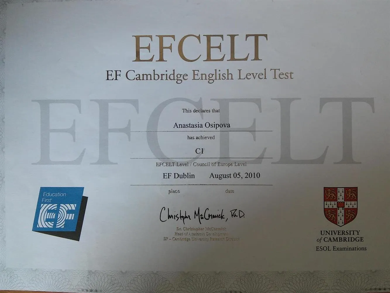 Сертификат EFCELT, 2010