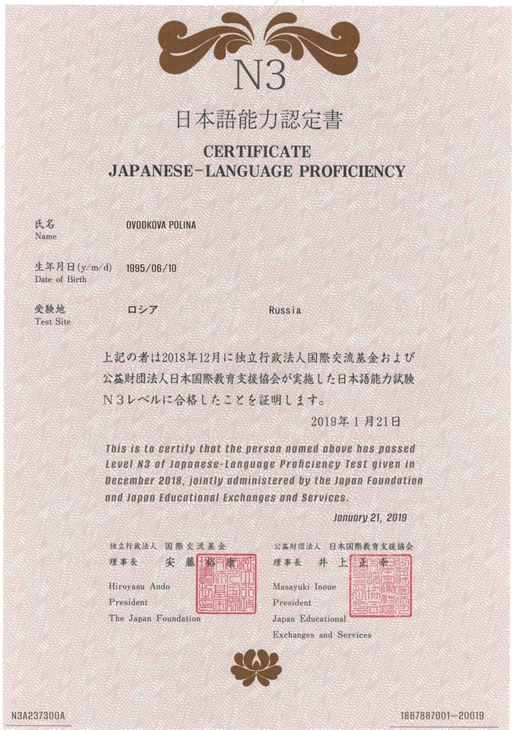 Сертификат JLPT
