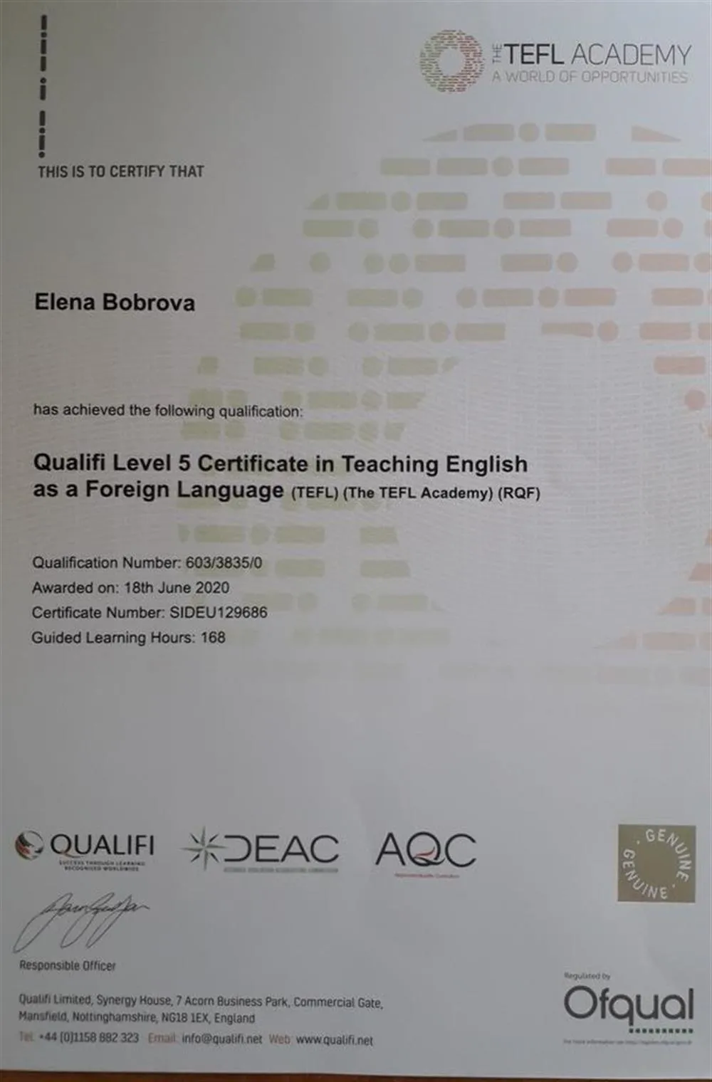  Level 5 Certificate in Teaching English as a Foreign Language (TEFL)